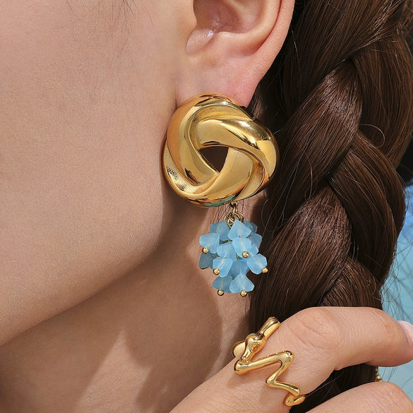 Wholesale Geometric Triangular Tassel Stained Glass 316L Stainless Steel 18K Gold Electroplated Women's Earrings