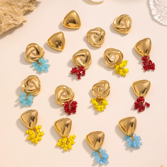 Wholesale Geometric Triangular Tassel Stained Glass 316L Stainless Steel 18K Gold Electroplated Women's Earrings