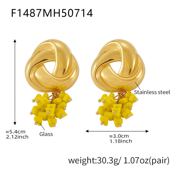 Wholesale Geometric Triangular Tassel Stained Glass 316L Stainless Steel 18K Gold Electroplated Women's Earrings