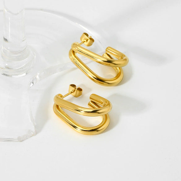 Wholesale Geometric Ushaped Doubleline Stainless Steel 16K Gold Plated Earrings For Women