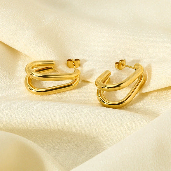 Wholesale Geometric Ushaped Doubleline Stainless Steel 16K Gold Plated Earrings For Women