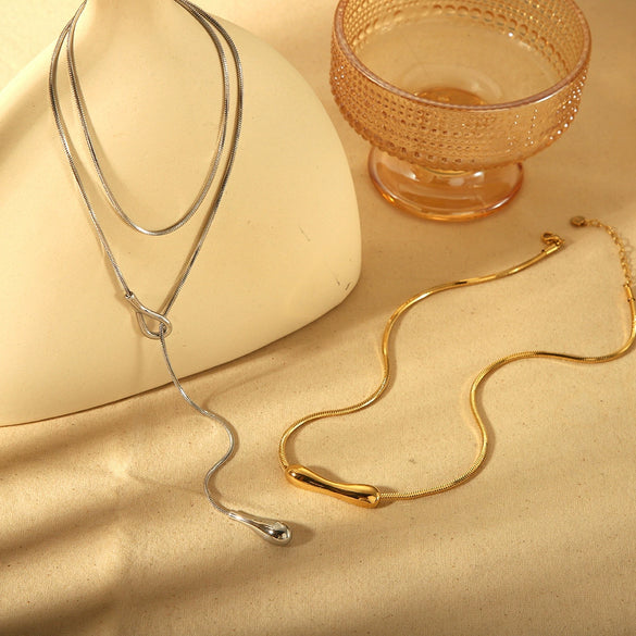 Wholesale Geometric Water Drop Pullout Stainless Steel And Titanium Steel Necklace 18K Gold Electroplated Jewelry For Women