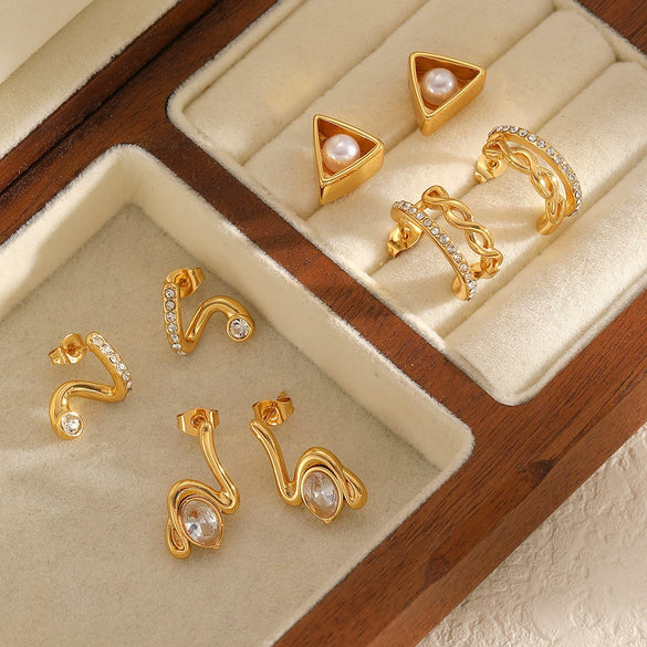 Wholesale Geometric Wave Design Diamond Stainless Steel Earrings For Women