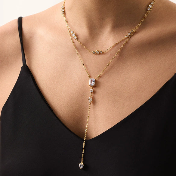 Wholesale Geometric Zircon Long Pendant Stainless Steel Bead Chain 18K Goldplated Necklace For Women