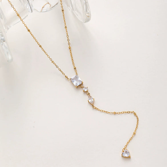 Wholesale Geometric Zircon Long Pendant Stainless Steel Bead Chain 18K Goldplated Necklace For Women
