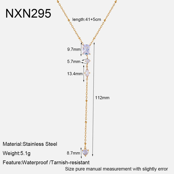 Wholesale Geometric Zircon Long Pendant Stainless Steel Bead Chain 18K Goldplated Necklace For Women