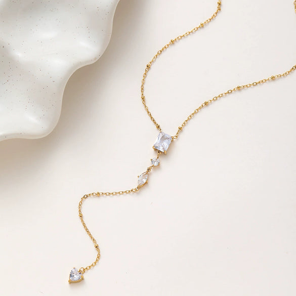 Wholesale Geometric Zircon Long Pendant Stainless Steel Bead Chain 18K Goldplated Necklace For Women
