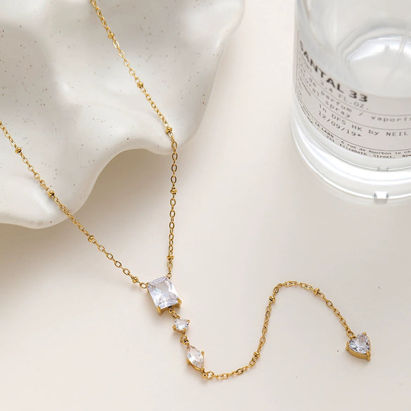 Wholesale Geometric Zircon Long Pendant Stainless Steel Bead Chain 18K Goldplated Necklace For Women