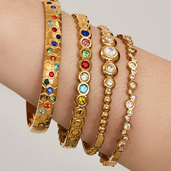 Wholesale Geometric Zircon Oildrip Stainless Steel 18K Gold Plated Bracelet Jewelry Set