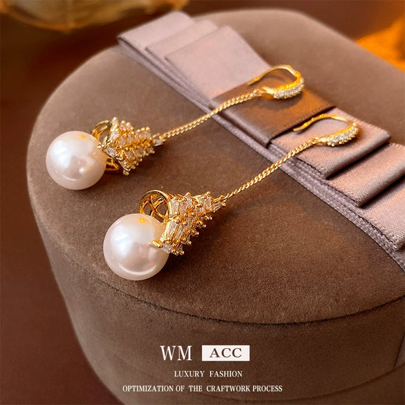 Wholesale Geometric Zircon Pearl Gold Electroplated Women's Ear Hook Earrings