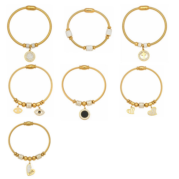 Wholesale Geometric Zircon Pendant Bracelet Set Stainless Steel Gold Plated