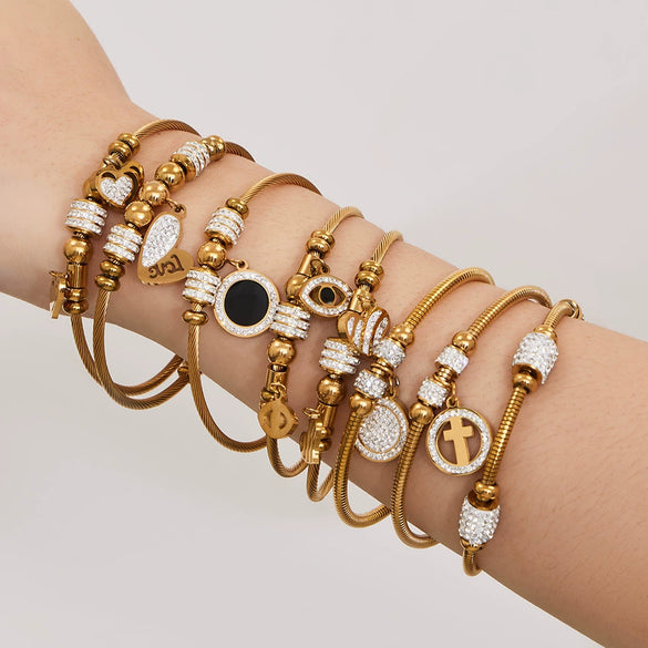 Wholesale Geometric Zircon Pendant Bracelet Set Stainless Steel Gold Plated
