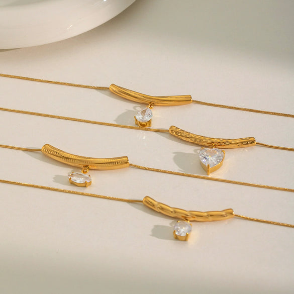 Wholesale Geometric Zircon Tbar Pendant Necklace Stainless Steel 18K Gold Plated For Women
