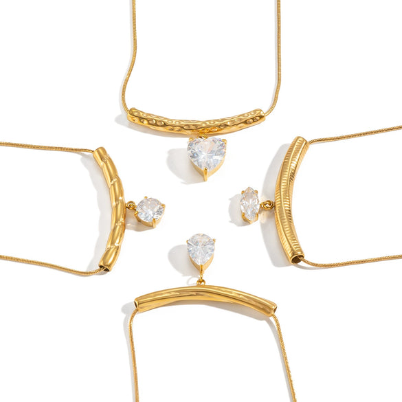 Wholesale Geometric Zircon Tbar Pendant Necklace Stainless Steel 18K Gold Plated For Women