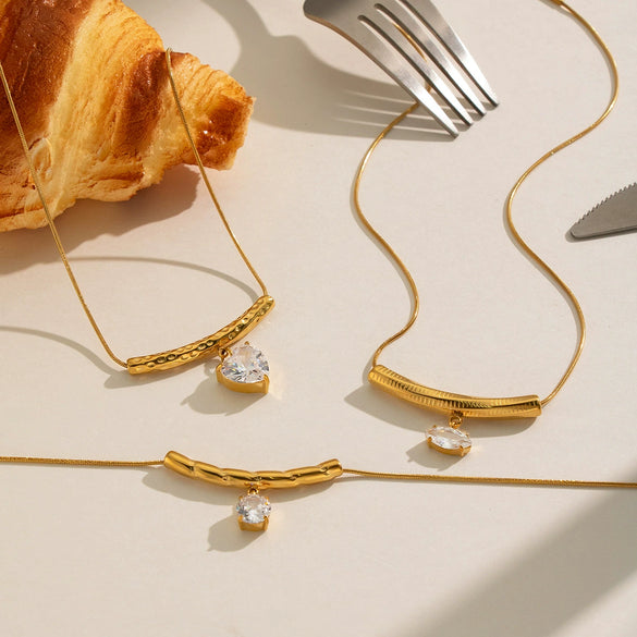 Wholesale Geometric Zircon Tbar Pendant Necklace Stainless Steel 18K Gold Plated For Women