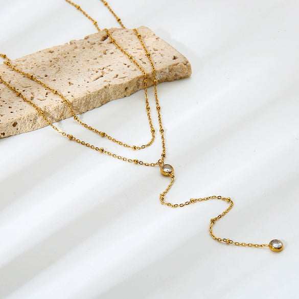 Wholesale Geometric Zircon Yshaped Stainless Steel Doublelayer 18K Gold Plated Necklace For Women