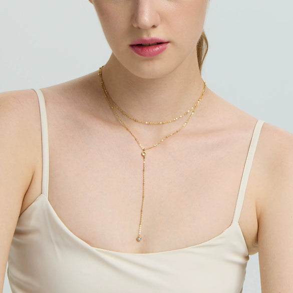 Wholesale Geometric Zircon Yshaped Stainless Steel Doublelayer 18K Gold Plated Necklace For Women
