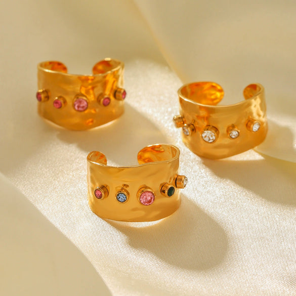 Wholesale Geometric Zirconia Inlaid Stainless Steel Open Ring 18K Gold Plated For Women