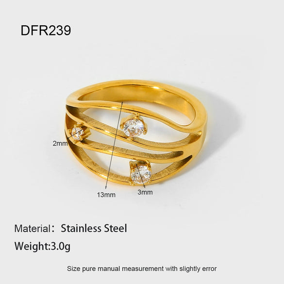 Wholesale Geometric Zirconinlaid Hollow Stainless Steel 18K Goldplated Ring For Women