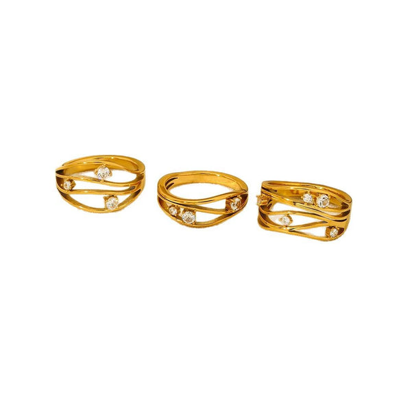 Wholesale Geometric Zirconinlaid Hollow Stainless Steel 18K Goldplated Ring For Women