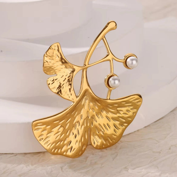 Wholesale Ginkgo Leaf Brooch Stainless Steel Imitation Pearls Light Luxury Exquisite Clothing Accessory
