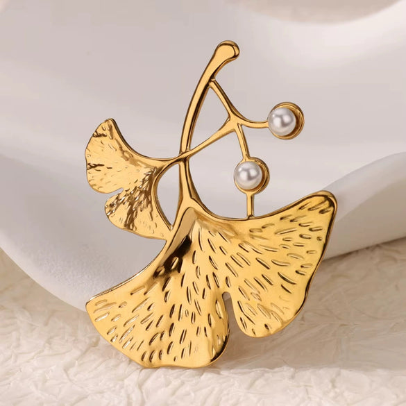 Wholesale Ginkgo Leaf Brooch Stainless Steel Imitation Pearls Light Luxury Exquisite Clothing Accessory