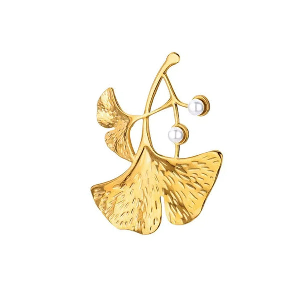 Wholesale Ginkgo Leaf Brooch Stainless Steel Imitation Pearls Light Luxury Exquisite Clothing Accessory
