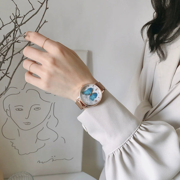 Wholesale Girl's Butterfly Alloy Case Stainless Steel Belt Round Dial Retro Style Bracelet Watch