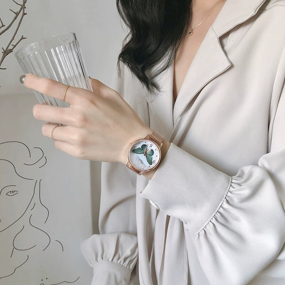 Wholesale Girl's Butterfly Alloy Case Stainless Steel Belt Round Dial Retro Style Bracelet Watch