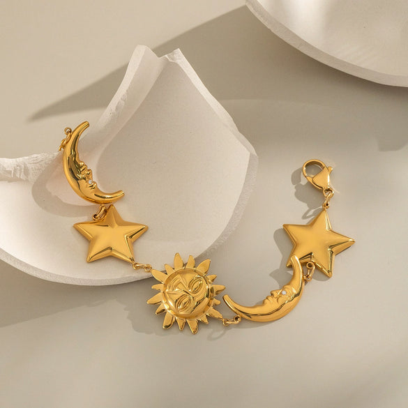 Wholesale Girls Light Luxury High End Waterproof Environmentally Friendly Stainless Steel Hand Jewelry Bracelet With Sun Moon Star Geometric Pattern And Electroplating