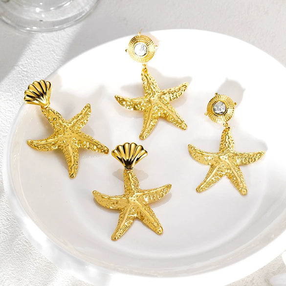 Wholesale Girls Marine Style Starfish Inlaid Natural Black Shell 18K Goldplated Stainless Steel Earrings