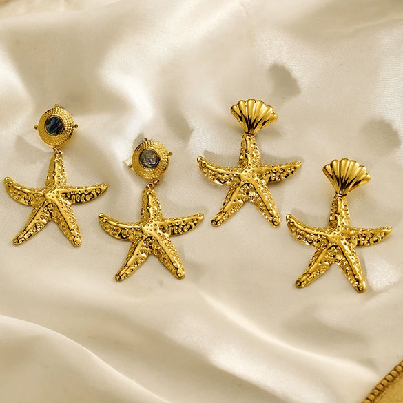 Wholesale Girls Marine Style Starfish Inlaid Natural Black Shell 18K Goldplated Stainless Steel Earrings
