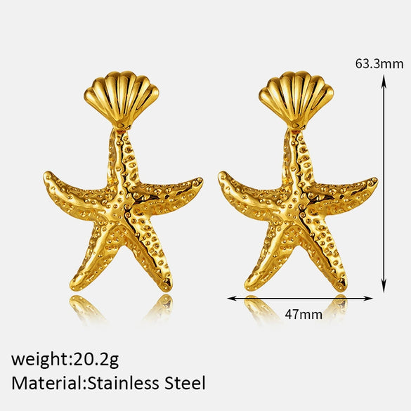 Wholesale Girls Marine Style Starfish Inlaid Natural Black Shell 18K Goldplated Stainless Steel Earrings