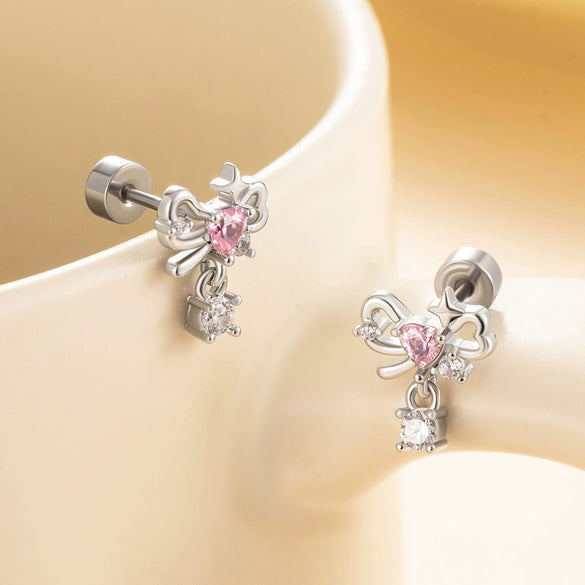 Wholesale Girls' Titanium Steel Bow Pendant Earrings With Electroplating Treatment Lovely Style
