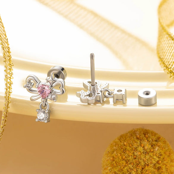 Wholesale Girls' Titanium Steel Bow Pendant Earrings With Electroplating Treatment Lovely Style