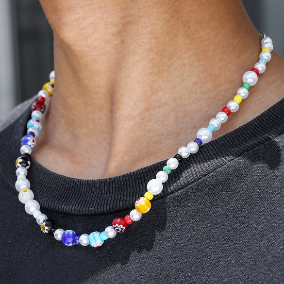 Wholesale Glass And Stainless Steel Geometric Handmade Necklace For Men And Women
