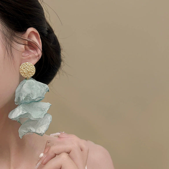 Wholesale Glass Flower Shaped Pleated Chiffon Tassel Earrings With Electroplating For Women