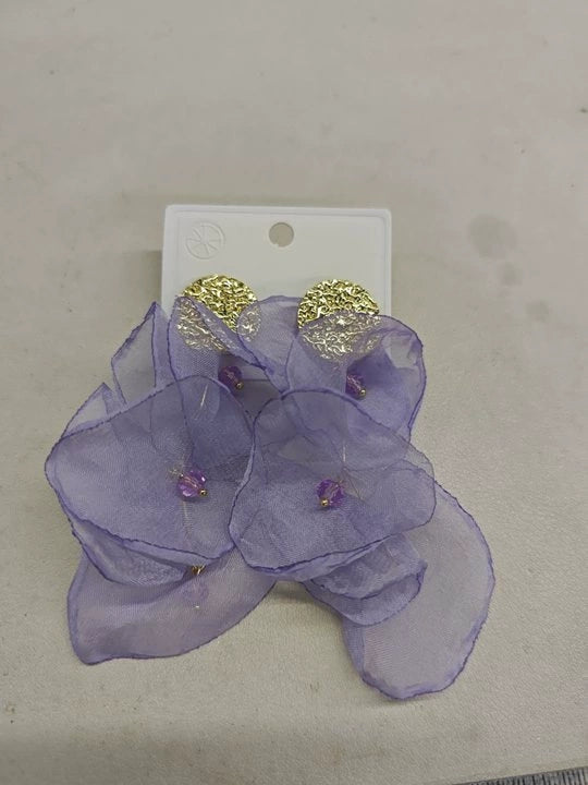 Wholesale Glass Flower Shaped Pleated Chiffon Tassel Earrings With Electroplating For Women