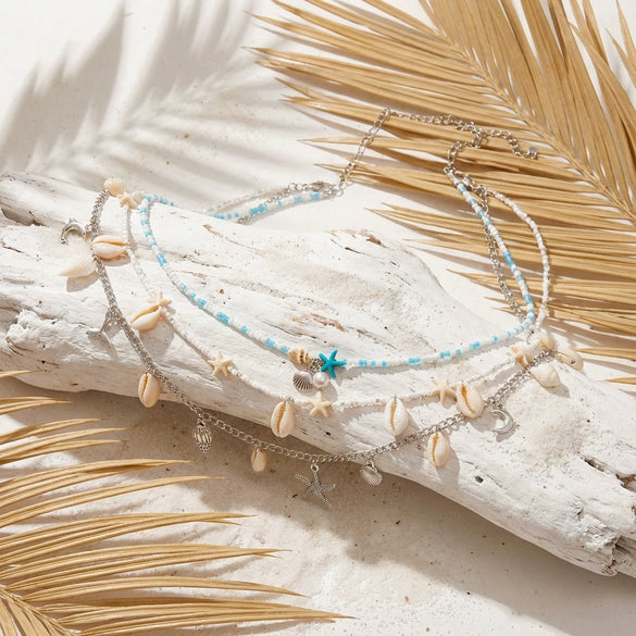 Wholesale Glass Shell Starfish Rice Bead Multilayer Waist Chain Set For Women