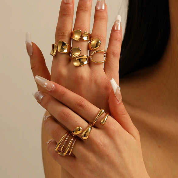 Wholesale Glossy Water Drop Specialshaped Geometric Open Stainless Steel Ring For Women With 18K Furnace Vacuum Plating