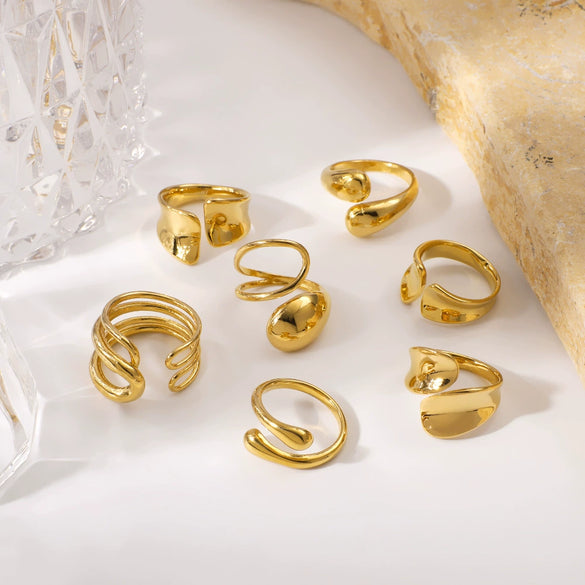 Wholesale Glossy Water Drop Specialshaped Geometric Open Stainless Steel Ring For Women With 18K Furnace Vacuum Plating