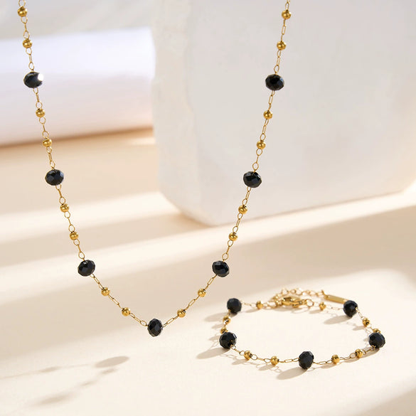 Wholesale Glowing Black Crystal Beads Geometric Titanium Steel Electroplated Calendering Chain Bracelet For Women