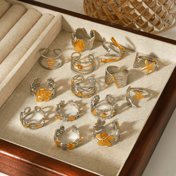 Wholesale Gold And Silver Colormatched Stainless Steel Openended Rings With Animal Zodiac Shapes Flowers Shell Lines Geometric Patterns Polished Plating For Women
