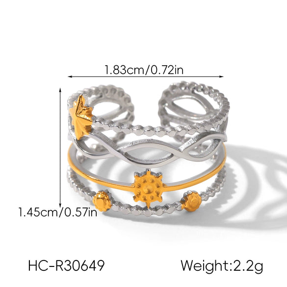 Wholesale Gold And Silver Colormatched Stainless Steel Openended Rings With Animal Zodiac Shapes Flowers Shell Lines Geometric Patterns Polished Plating For Women