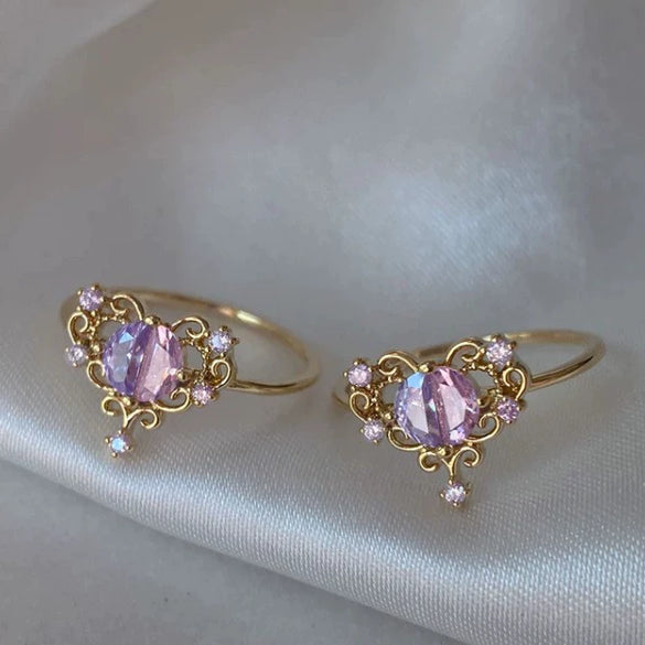 Wholesale Gold Plated Copper Fashion Retro Cute Sweet Style Pink Heart Shaped Butterfly Flower Opening Ring For Women
