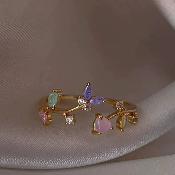 Wholesale Gold Plated Copper Fashion Retro Cute Sweet Style Pink Heart Shaped Butterfly Flower Opening Ring For Women