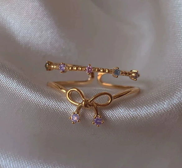 Wholesale Gold Plated Copper Fashion Retro Cute Sweet Style Pink Heart Shaped Butterfly Flower Opening Ring For Women