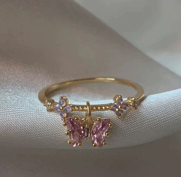 Wholesale Gold Plated Copper Fashion Retro Cute Sweet Style Pink Heart Shaped Butterfly Flower Opening Ring For Women