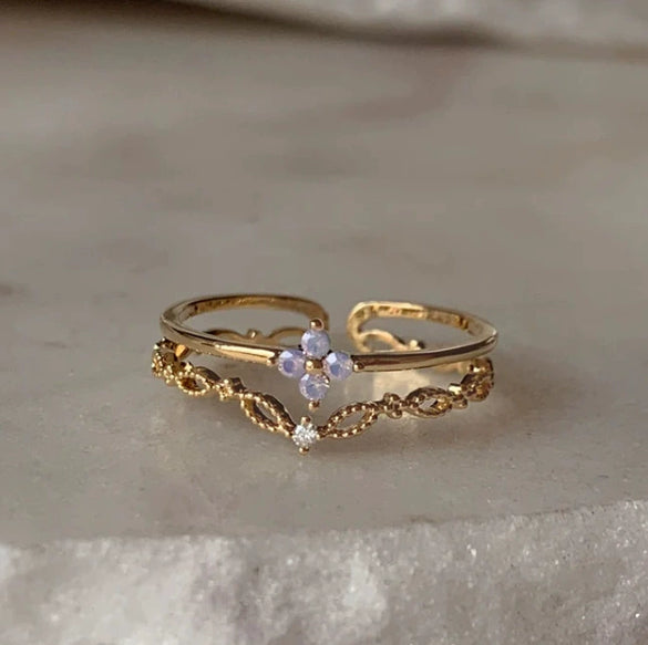 Wholesale Gold Plated Copper Fashion Retro Cute Sweet Style Pink Heart Shaped Butterfly Flower Opening Ring For Women