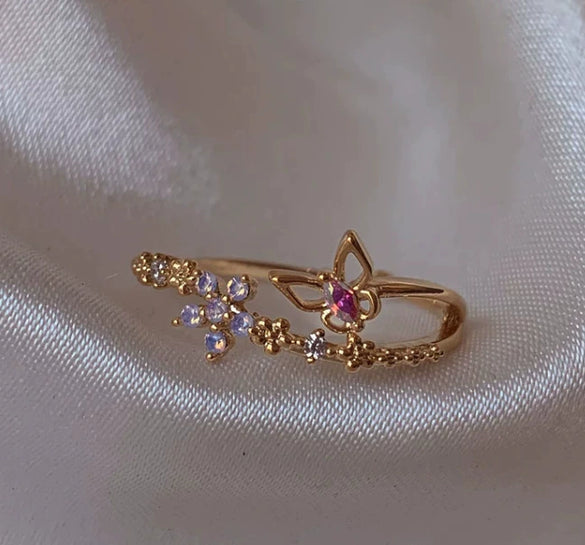 Wholesale Gold Plated Copper Fashion Retro Cute Sweet Style Pink Heart Shaped Butterfly Flower Opening Ring For Women
